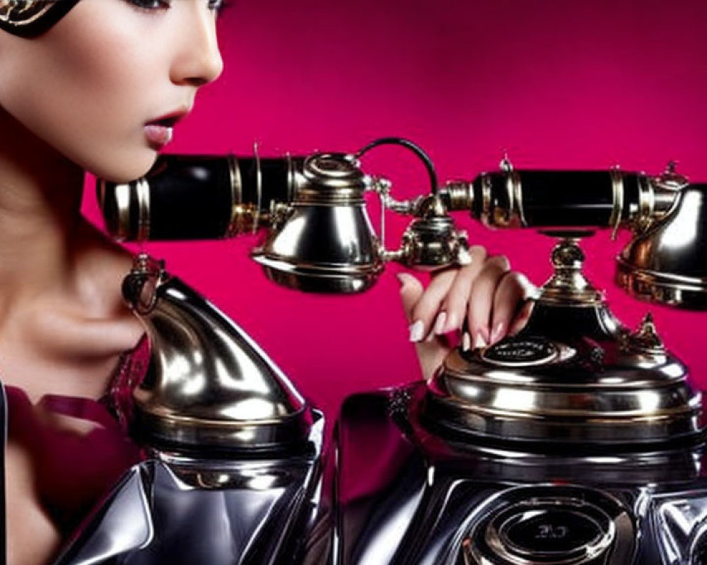 Futuristic woman in metallic outfit with rotary phone on pink background