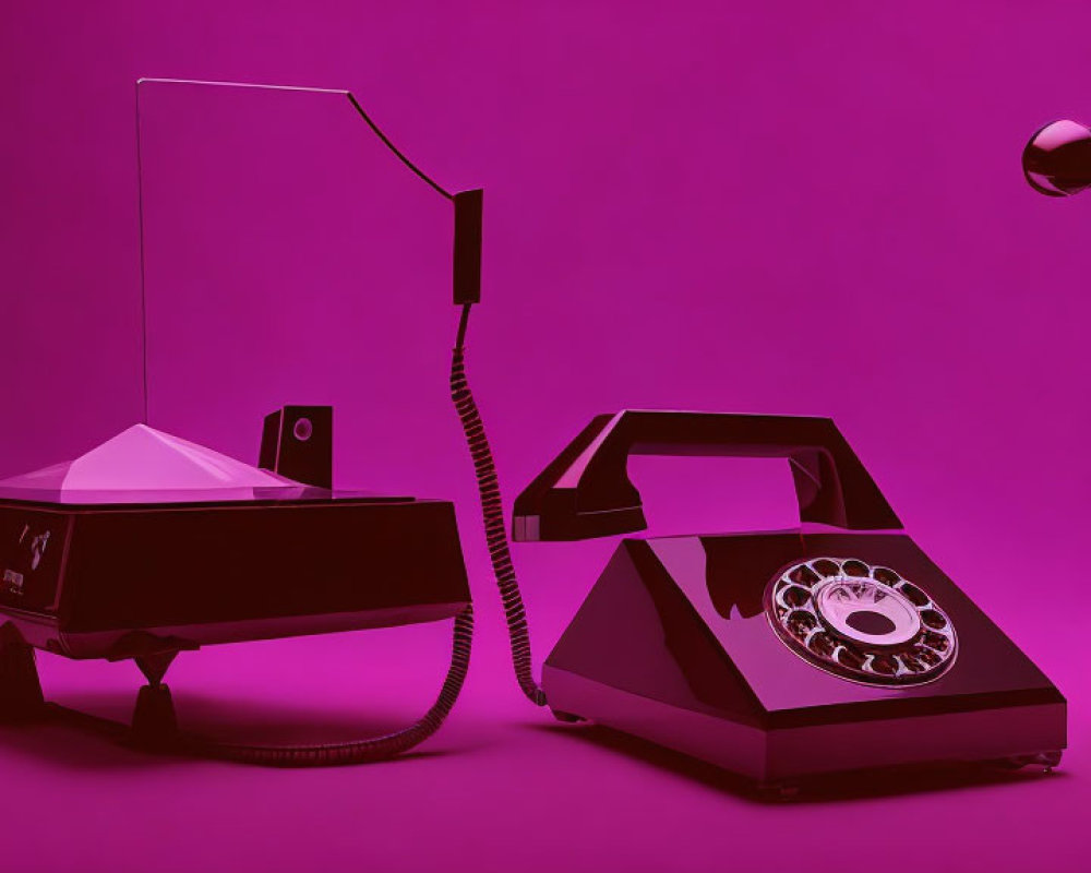 Vintage rotary telephone and desk lamp in purple light retro scene