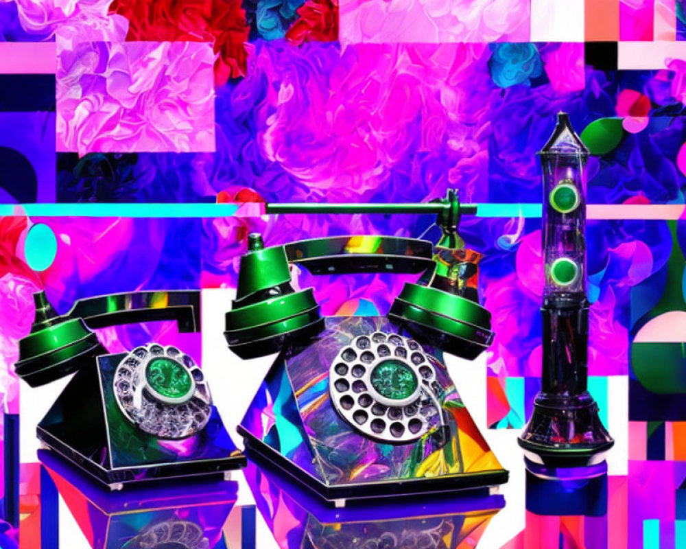 Colorful Digital Art: Retro Telephones in Abstract Setting