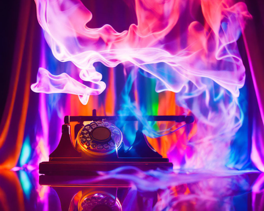 Vintage rotary phone surrounded by colorful swirling smoke on vibrant backdrop.