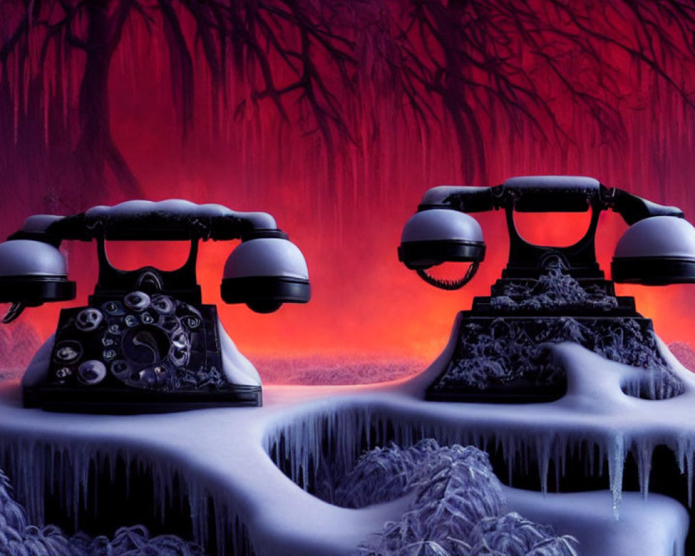 Vintage Black Rotary Telephones on Frost-Covered Surface with Red Backdrop and Icy Stal