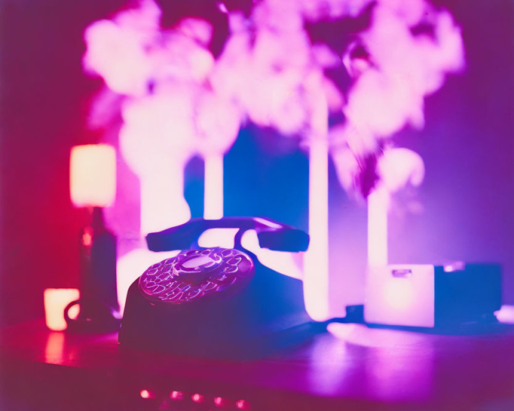 Vintage Rotary Telephone with Smoke and Purple/Pink Lighting