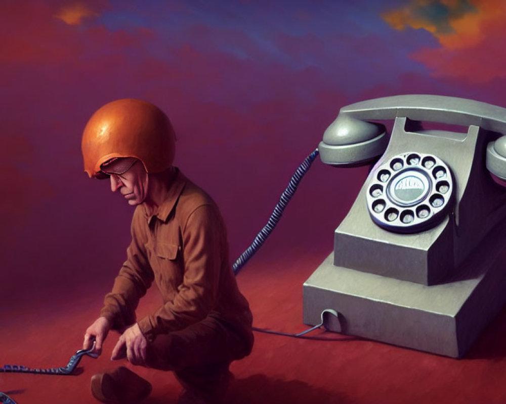 Person in Brown Outfit Examining Vintage Telephone on Purple Background