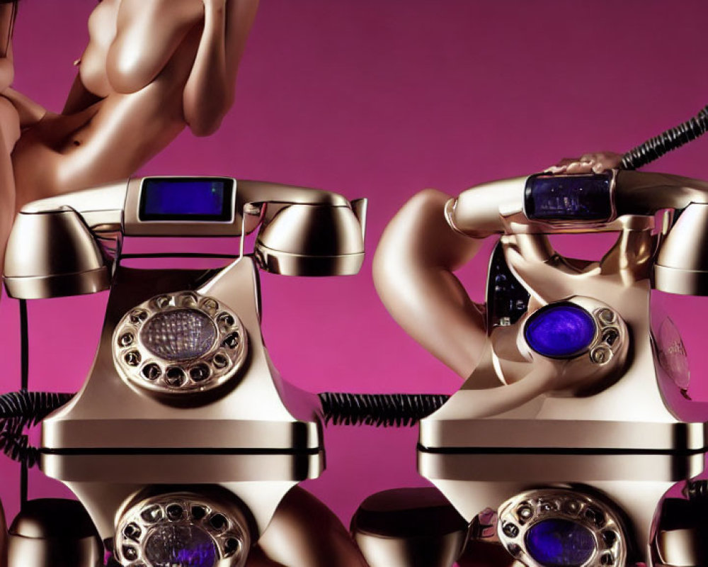 Vintage gold rotary phones with modern blue screens on pink background