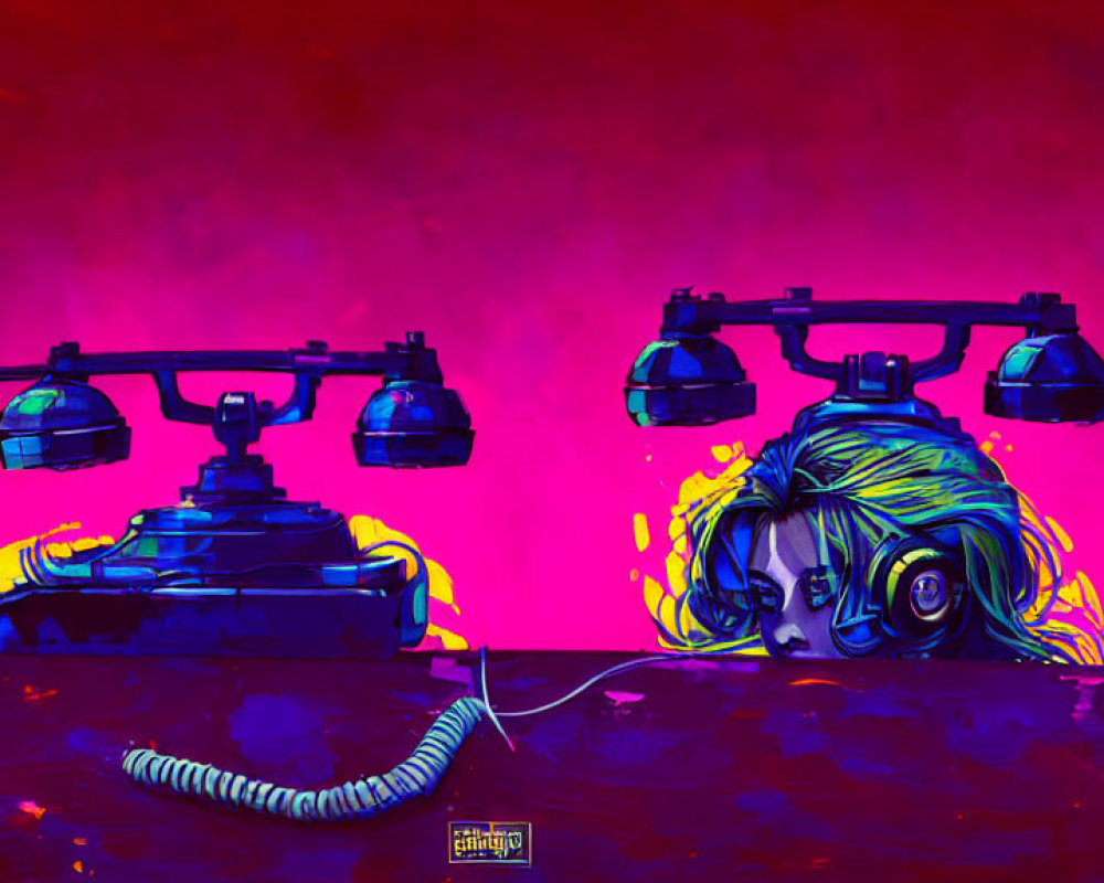 Vintage telephones with neon lights on vibrant pink background, one featuring surreal woman's face.