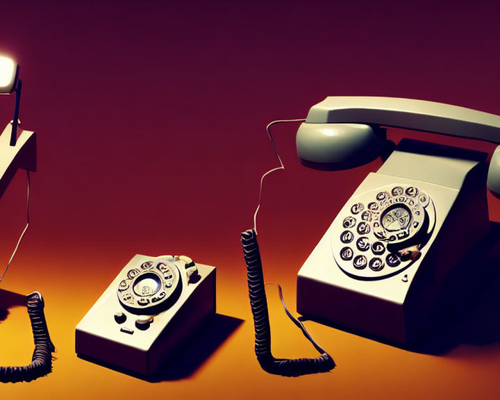 Vintage rotary telephones with handsets off, casting shadows on warm background