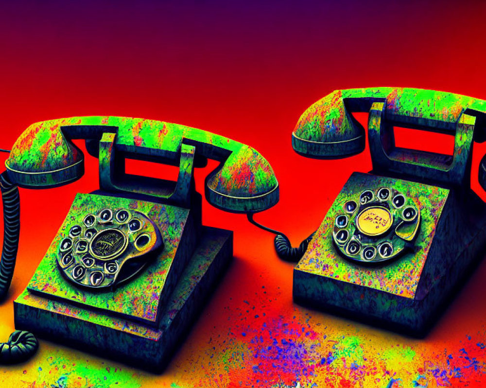 Vintage Rotary Dial Telephones with Colorful Paint Splatters on Red-Orange Background