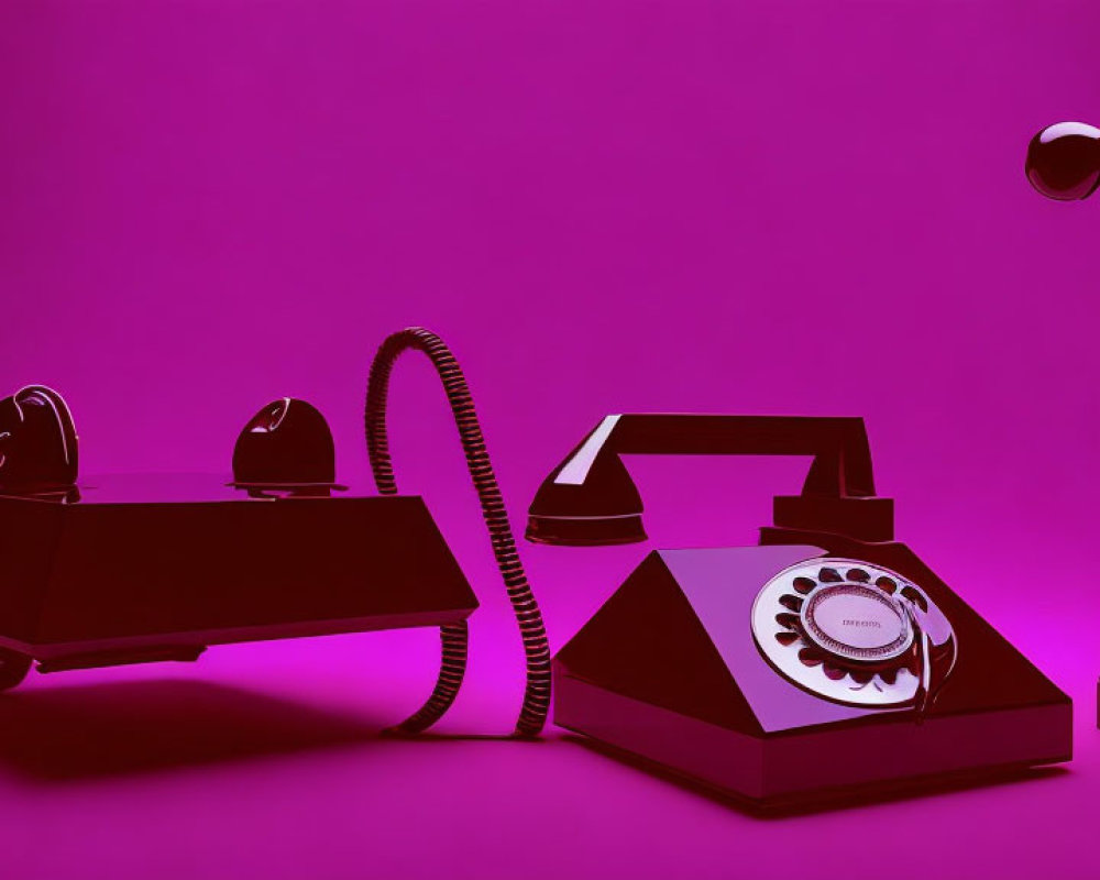 Vintage Rotary Telephone with Handset Off Base on Purple Background