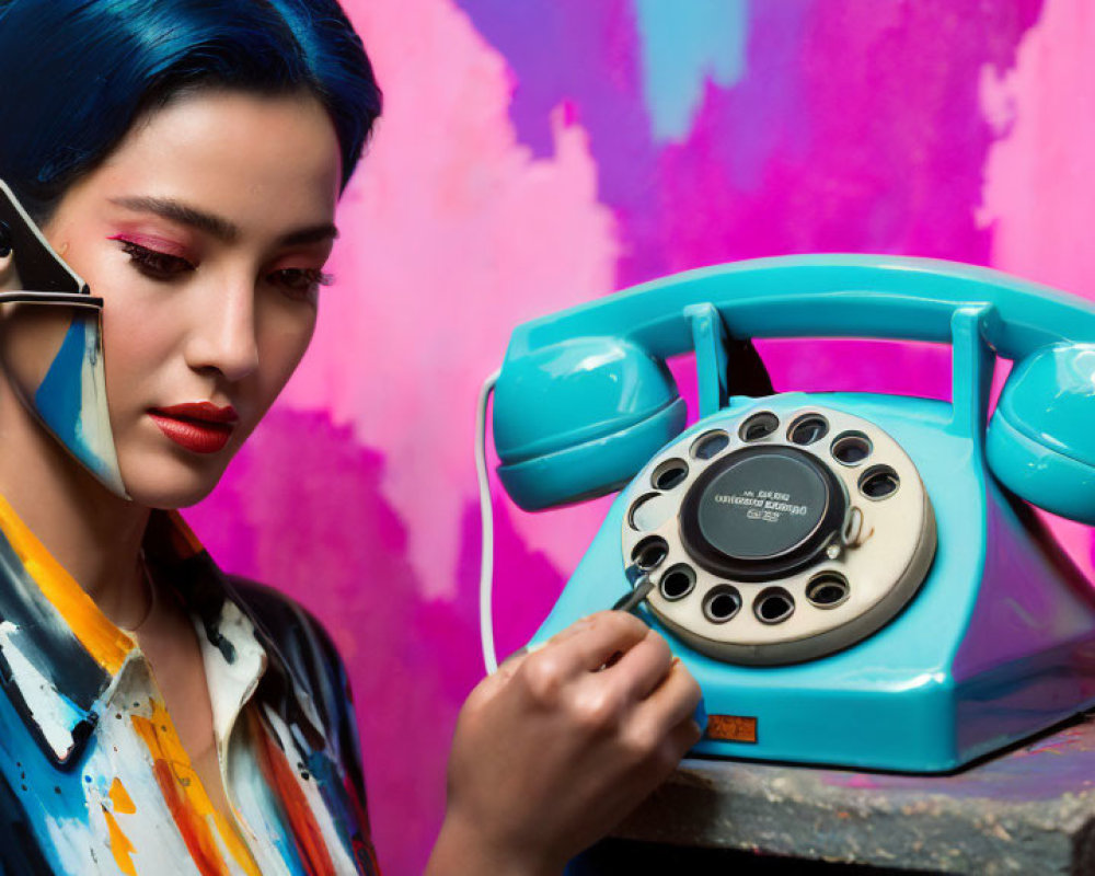 Blue-haired woman using vintage turquoise rotary phone on colorful background