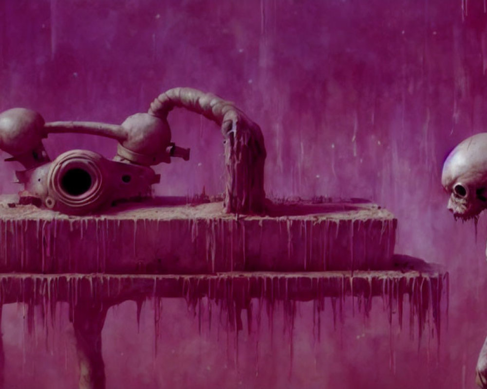 Surreal alien creature with tentacle-like pipes on purple backdrop