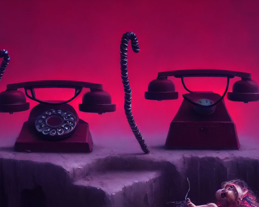 Vintage telephones with twisted cords on dramatic backdrop.