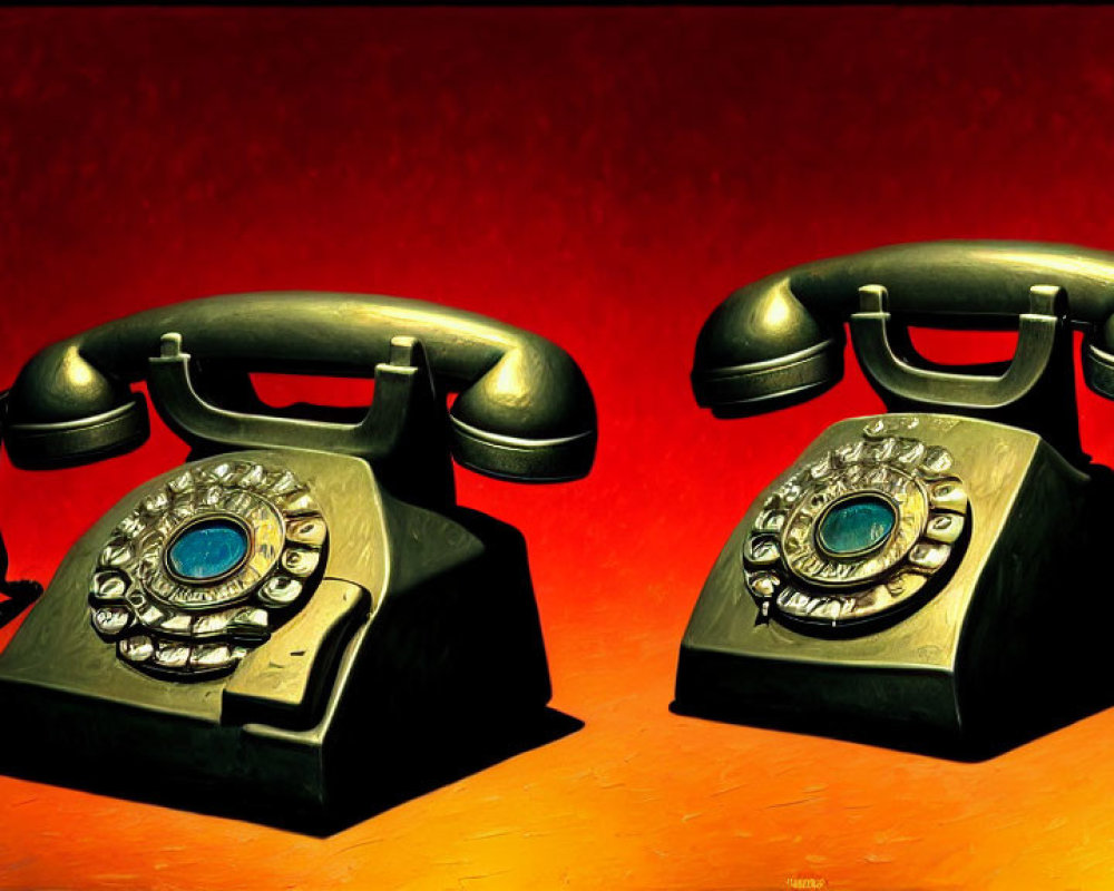 Vintage rotary dial telephones on red background with unique eyeball design