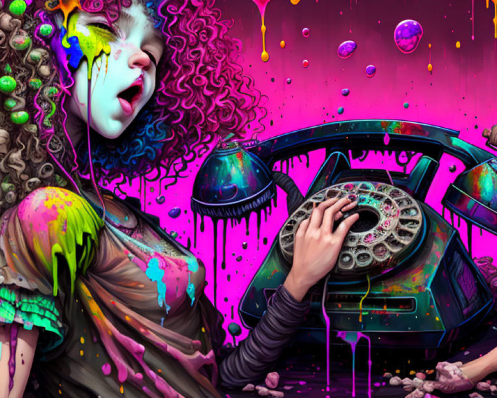 Vibrant surreal image: woman with dripping paint, melting phone in psychedelic setting