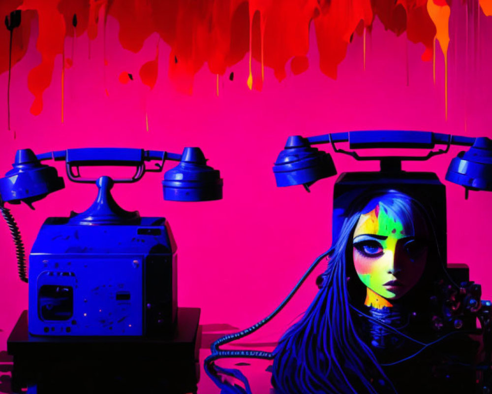 Cyberpunk-inspired scene with blue robotic head and old-fashioned phone under pink and purple lighting