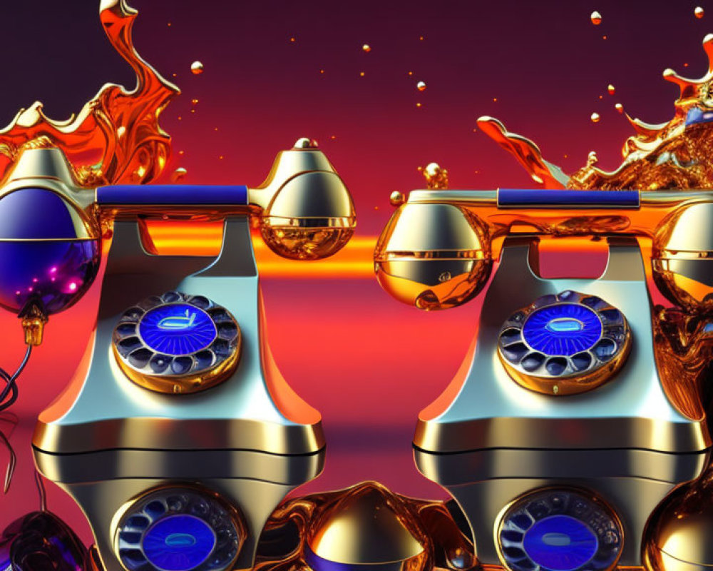 Vintage telephones with vibrant blue rotary dials on golden and blue liquid splash backdrop