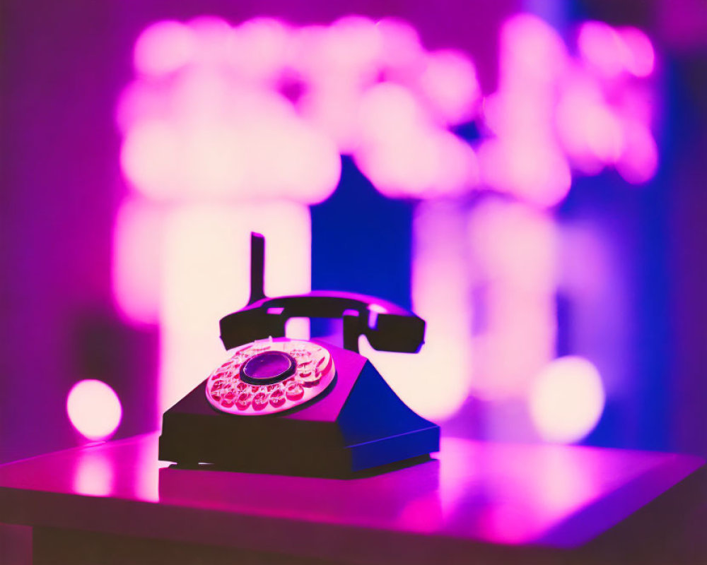 Vintage Rotary Telephone Against Magenta and Purple Bokeh Background