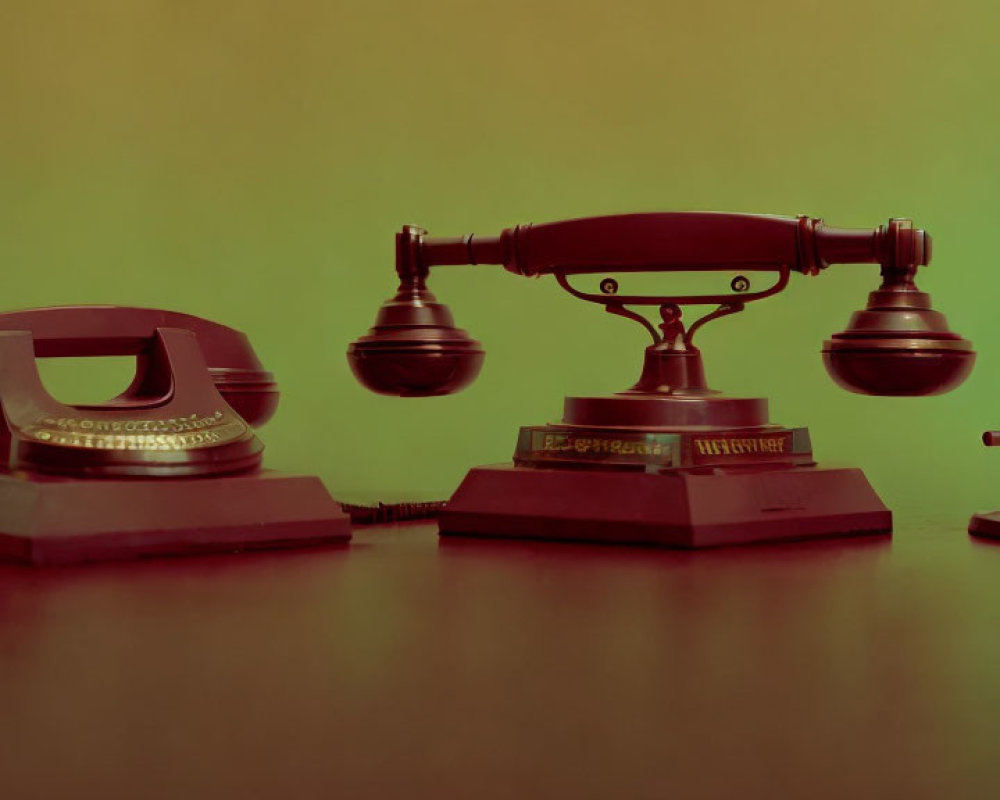 Vintage rotary dial and candlestick phones on green gradient background