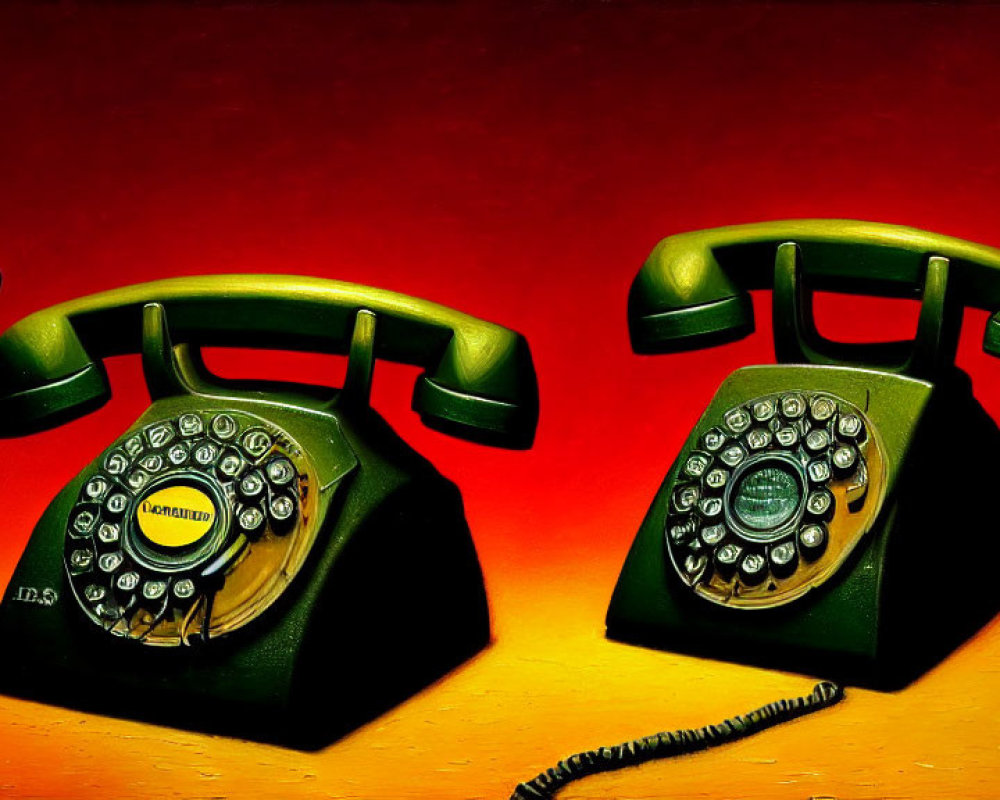 Vintage Green Rotary Dial Telephones on Red-Orange Gradient Background