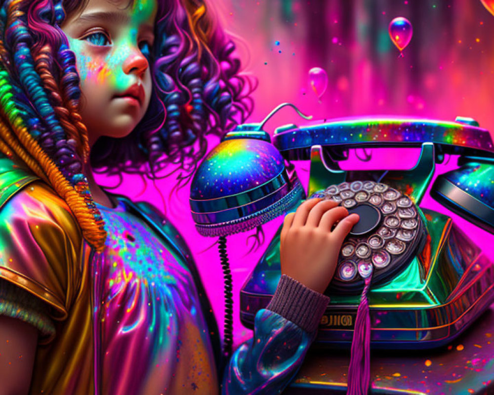 Vibrant digital artwork: young girl with curly hair and telephone in neon surroundings