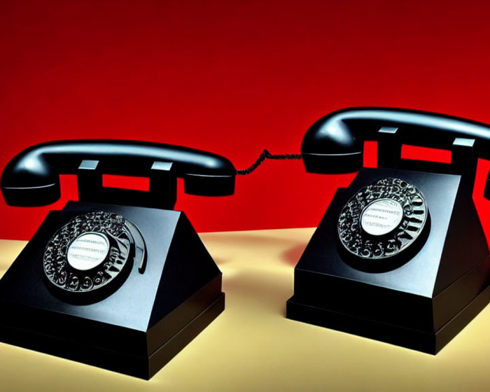 Vintage Black Rotary Phones Connected by Cord on Red Background