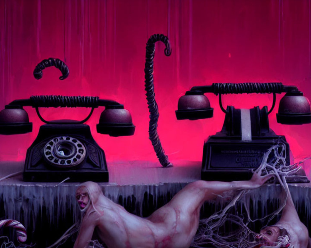 Vintage telephones with tentacles and surreal human figures on fuchsia backdrop