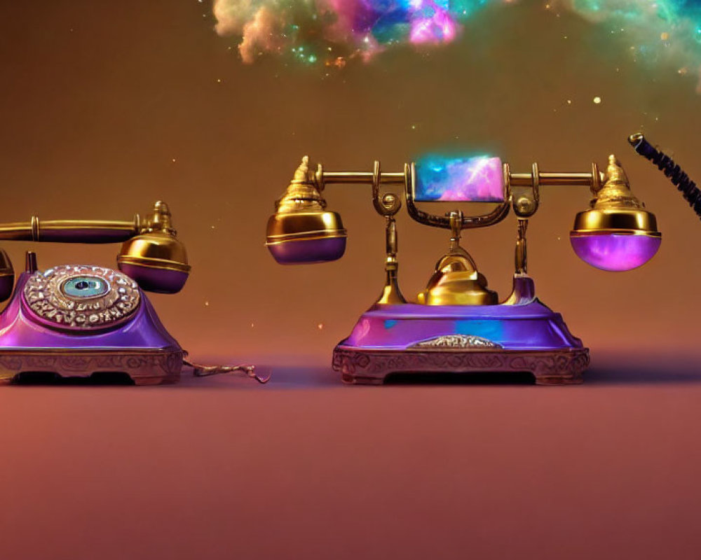 Vintage Telephones with Golden Bells on Cosmic Nebula Background