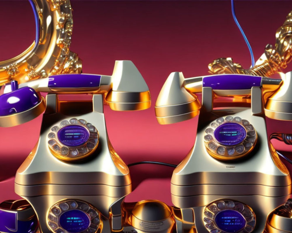 Vintage Rotary Phones with Gold and Purple Accents Surrounded by Jewelry on Red Background