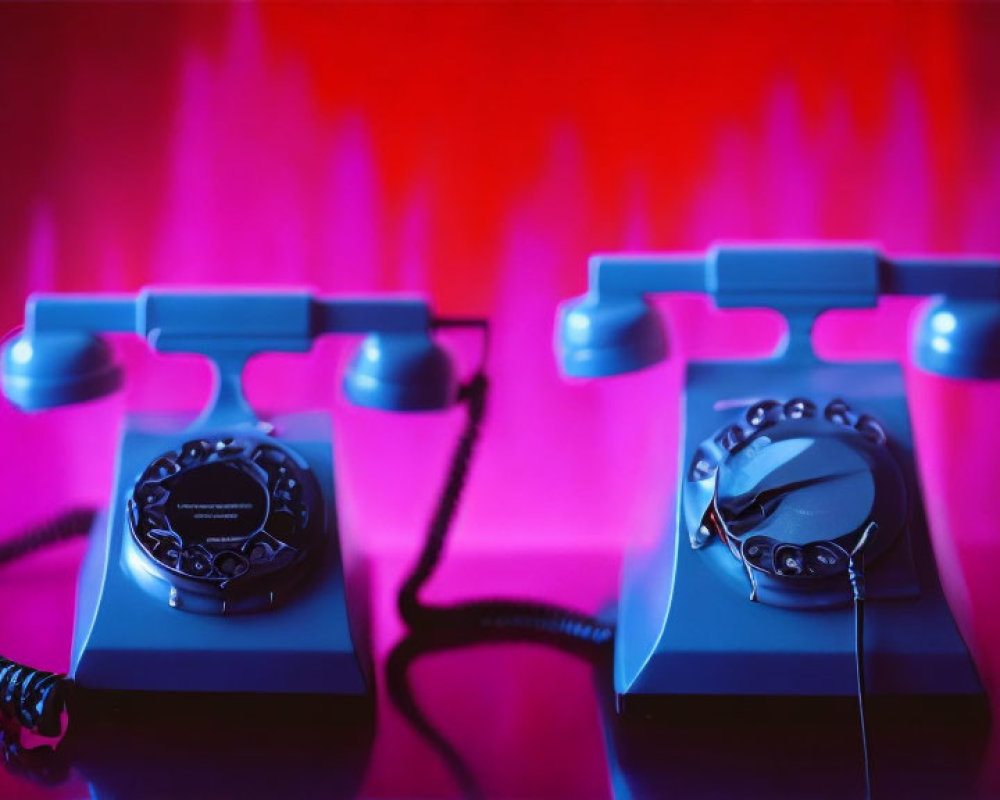 Vintage rotary dial telephones on red and purple backdrop, one with twisted cord.