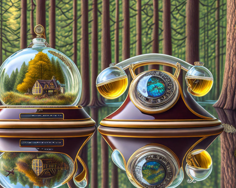 Surreal artwork: futuristic device with fluid-filled bulbs in forest backdrop.