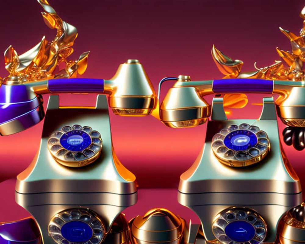 Vintage telephones in gold and blue hues on red gradient background with golden ornamental details