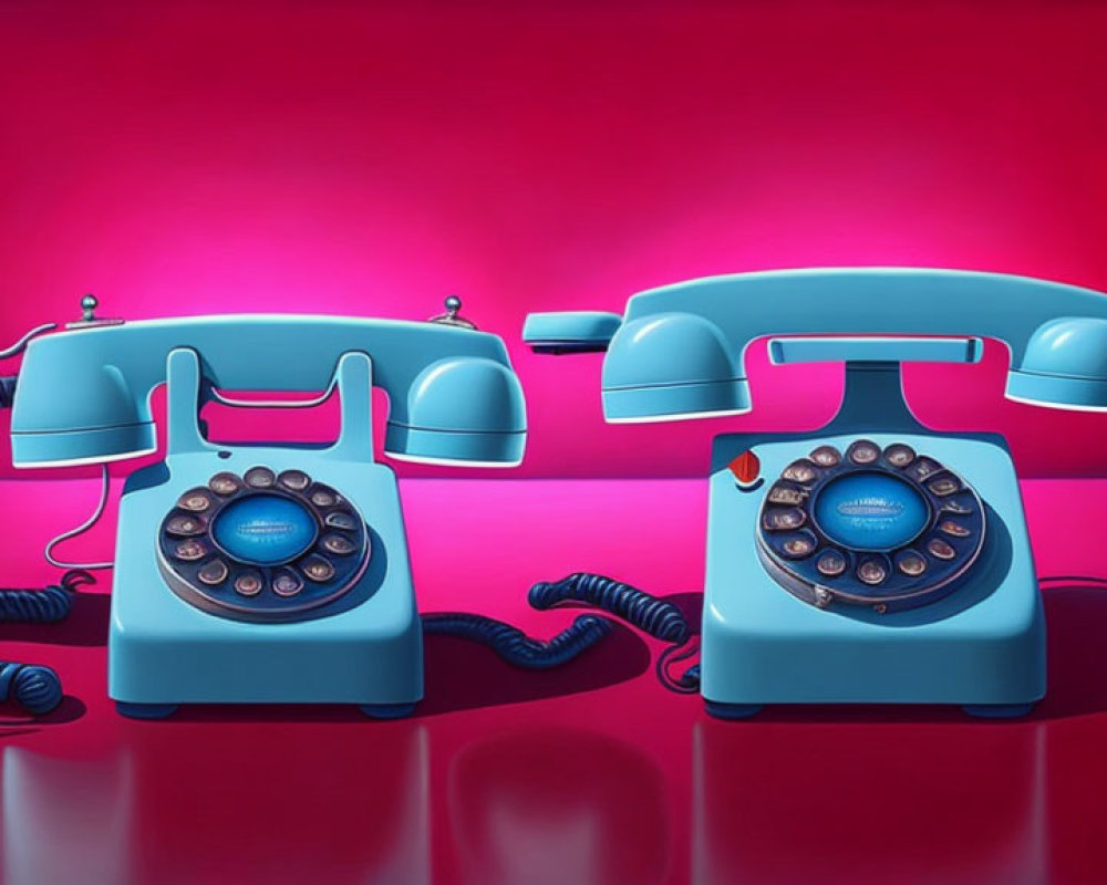 Vintage Red and Blue Rotary Dial Telephones on Red Background