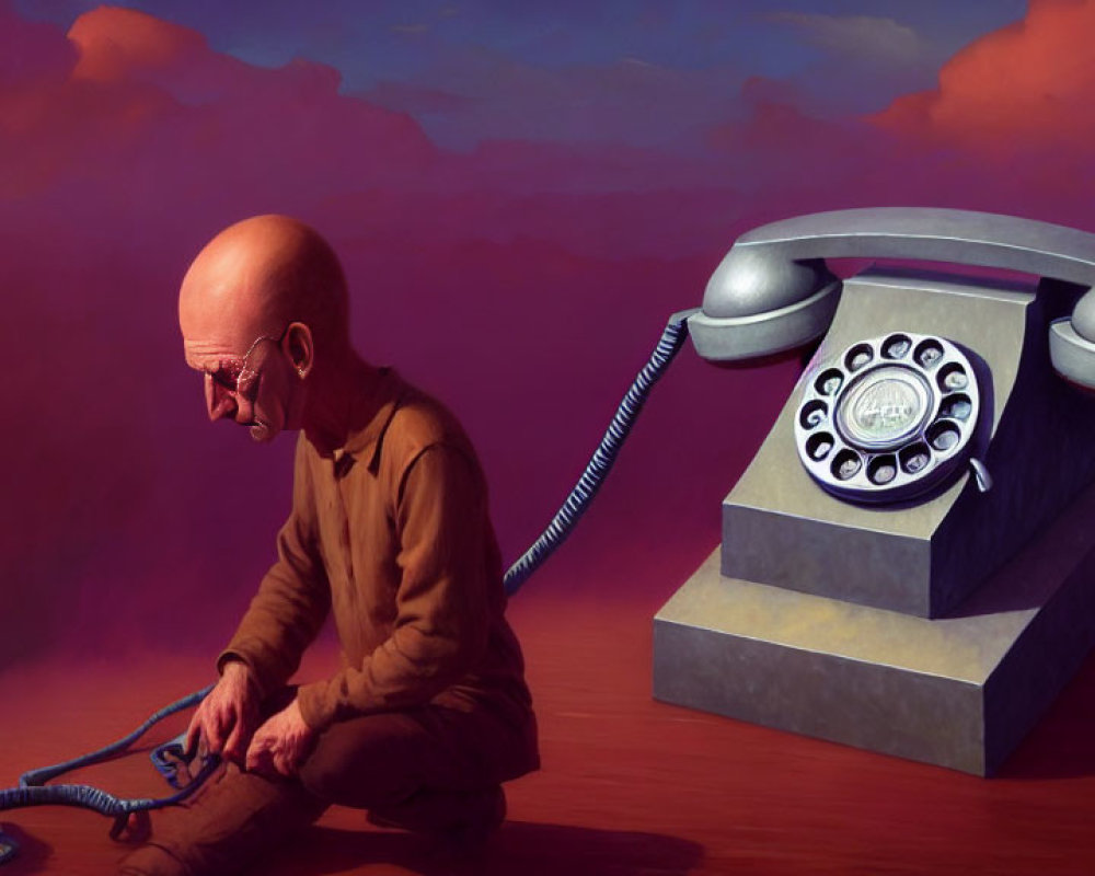 Bald Figure with Oversized Head and Rotary Phone on Pink Background