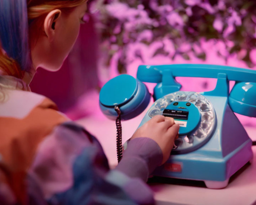 Vintage blue rotary phone dialing in purple-lit room with plants