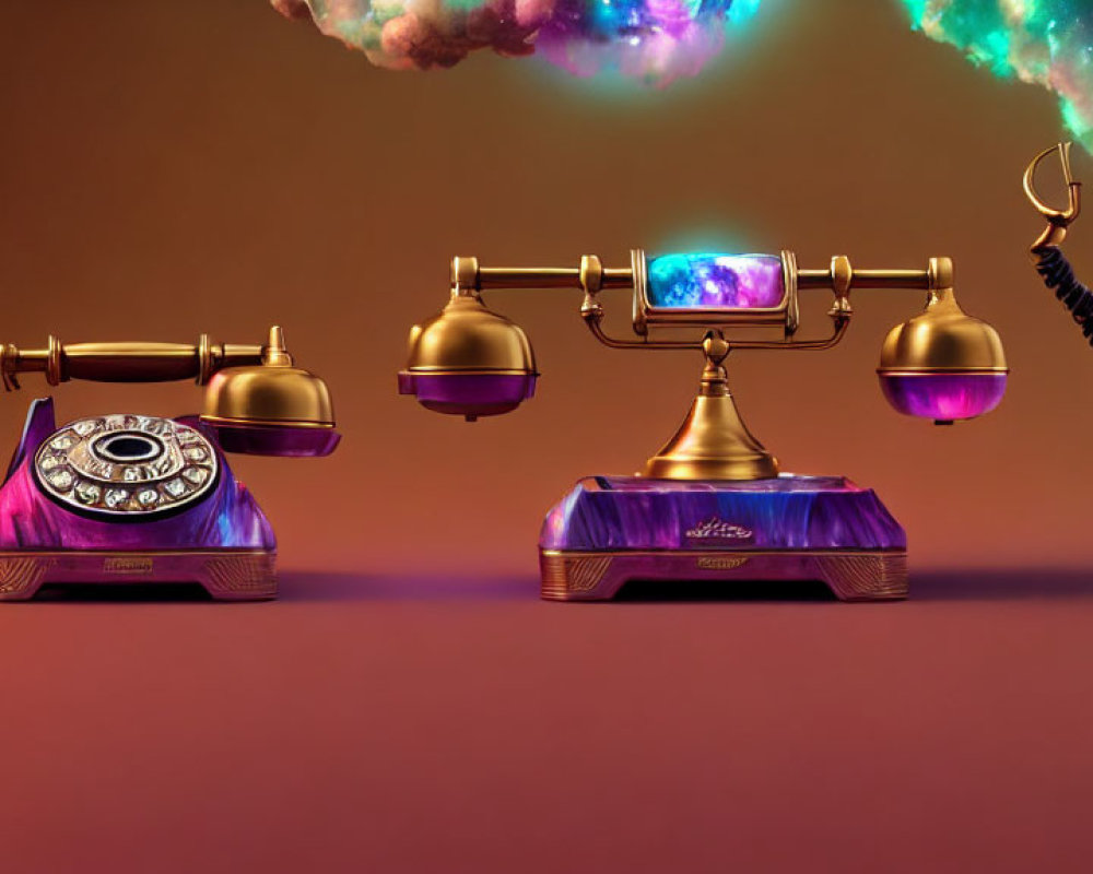 Vintage Phones with Cosmic Clouds on Warm Background