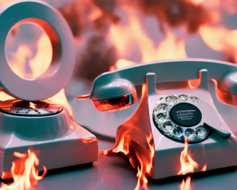 Vintage Telephone Engulfed in Flames on Reddish-Pink Background