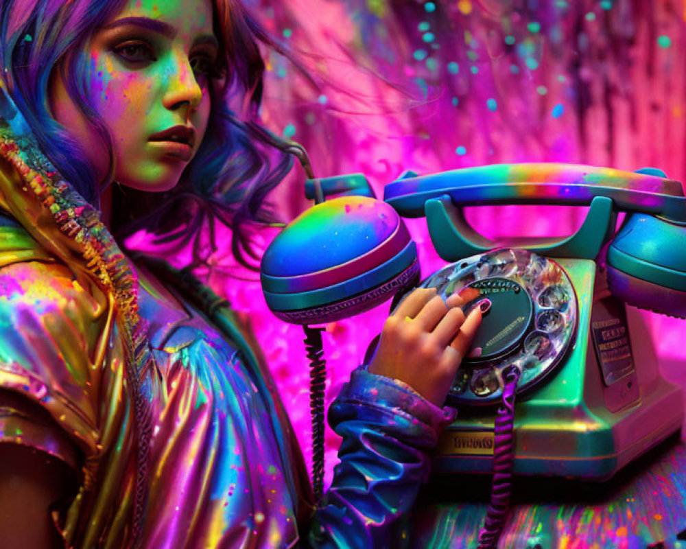 Colorful makeup person holding vintage rotary phone in neon-lit setting