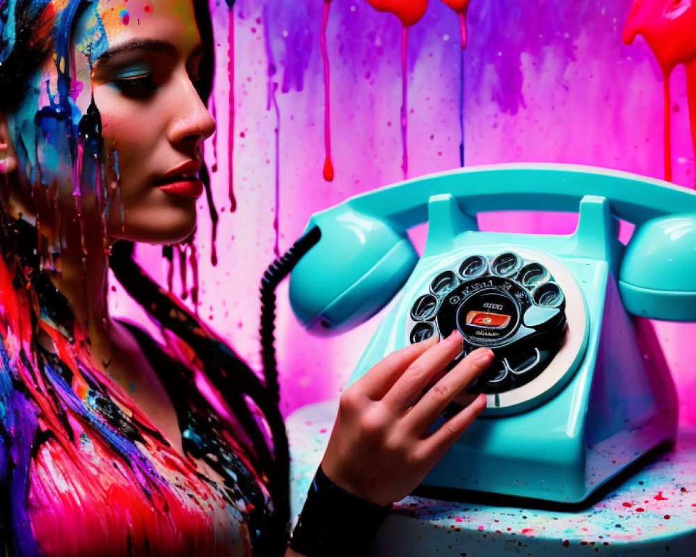 Woman with vibrant paint dialing retro turquoise telephone on colorful backdrop