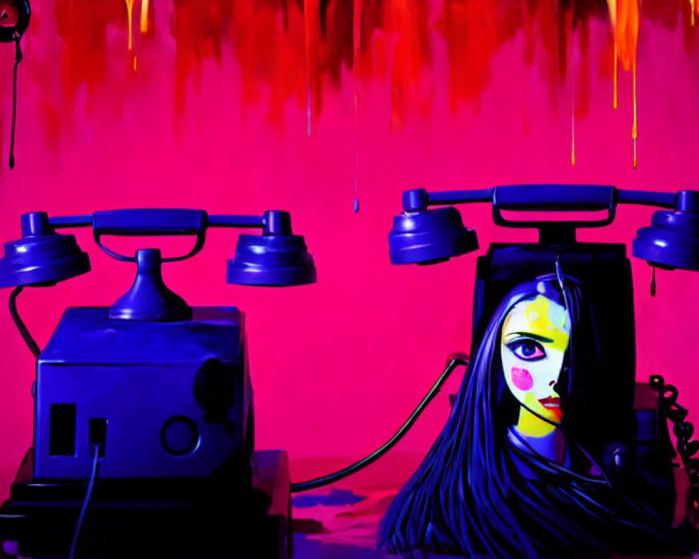 Colorful Artwork: Telephone with Surreal Female Face on Dial, Pink Background