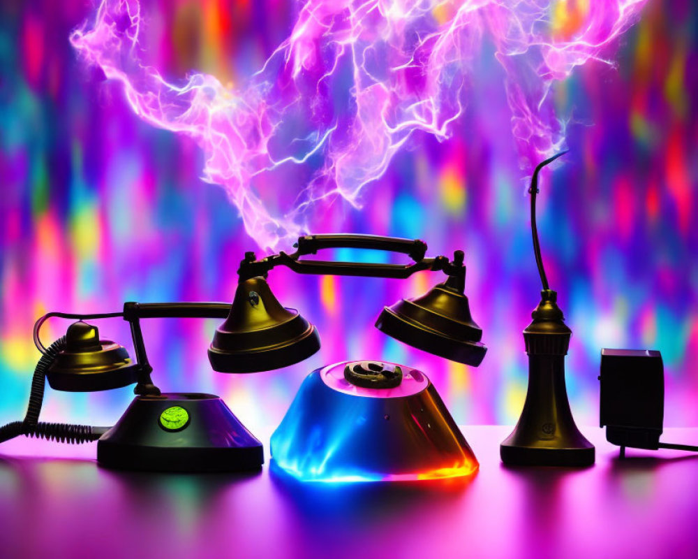 Vintage Telephones with Glowing Neon Lights and Electric Plasma Effects