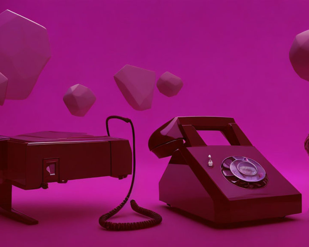 Vintage Telephone and Briefcase on Purple Background with Geometric Shapes and Ice Cream Cone Object