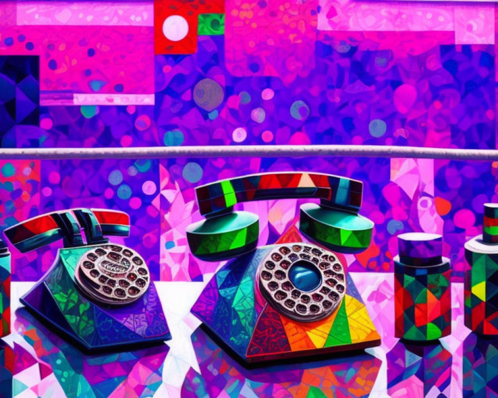 Colorful geometric rotary phones & ink bottles on reflective surface with bokeh background