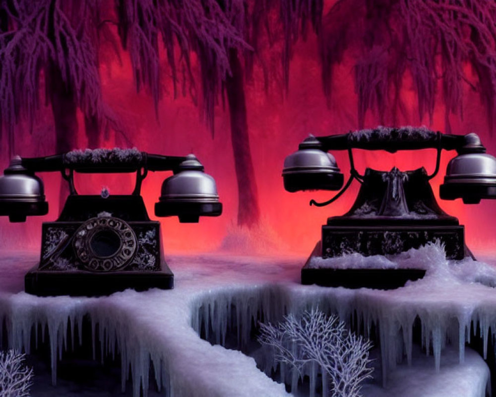 Vintage telephones on frozen surface with icicles against mystical forest backdrop