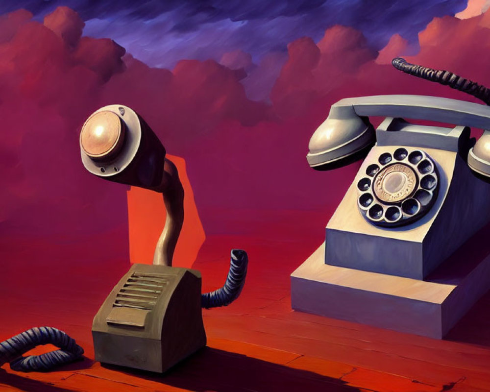 Surreal artwork: vintage phones reaching against crimson clouds