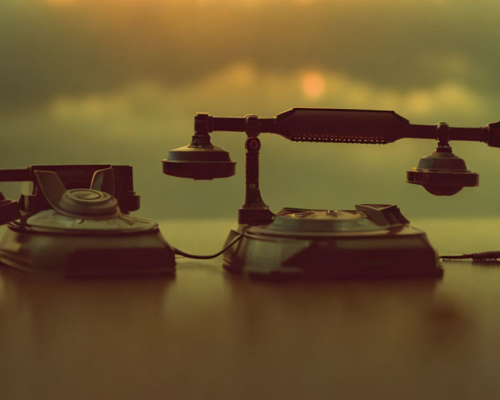 Vintage Rotary Phones with Handsets Balanced in Mid-Air Against Sunset Sky