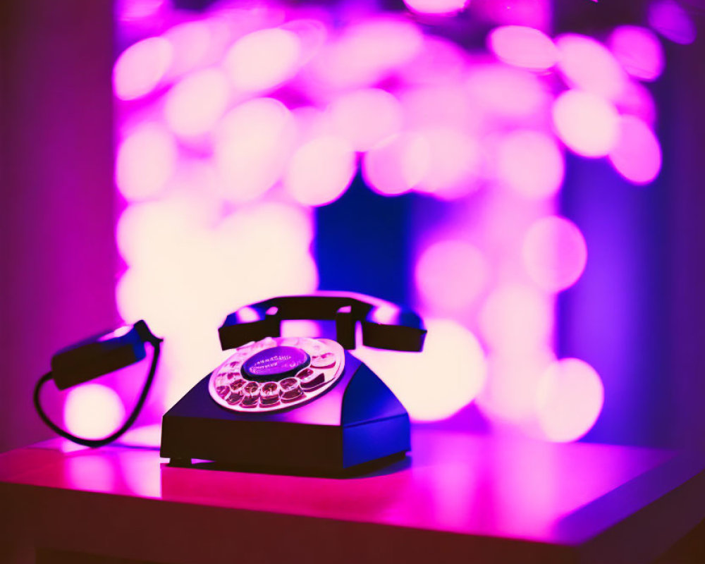 Vintage Rotary Dial Telephone Illuminated by Purple and Pink Bokeh Lights