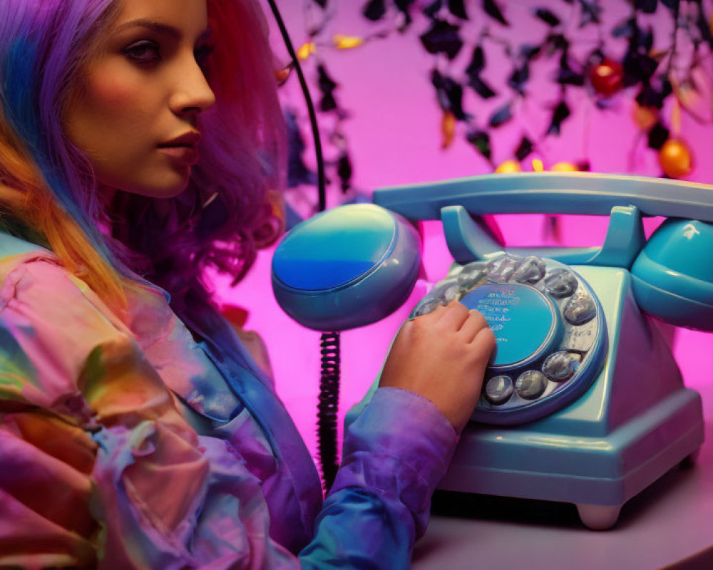 Colorful Hair Woman with Vintage Blue Rotary Phone in Purple Lit Room