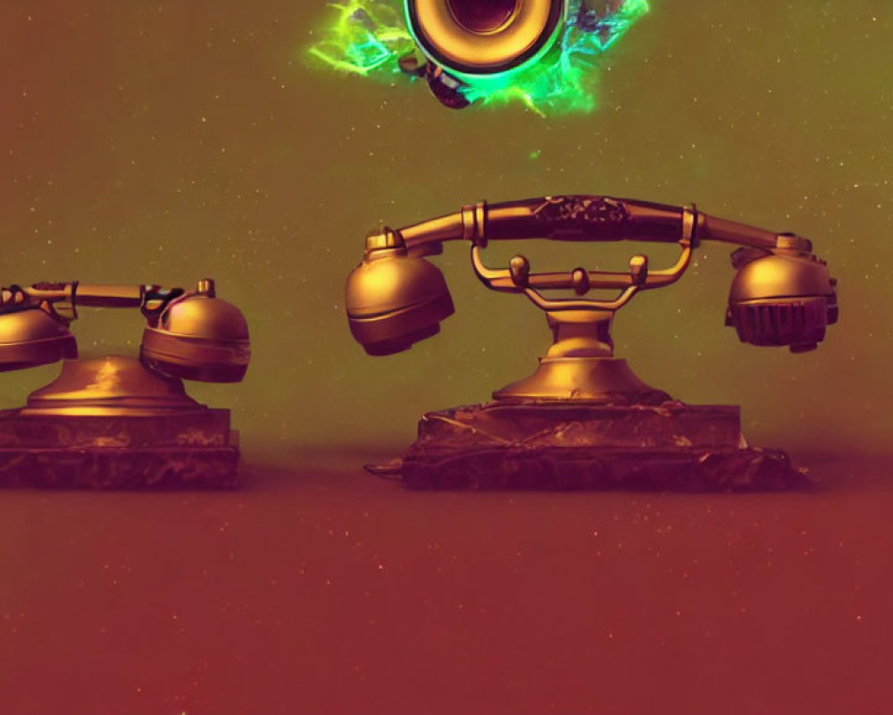 Vintage Telephones with Glowing Green Anomaly on Warm-Toned Background