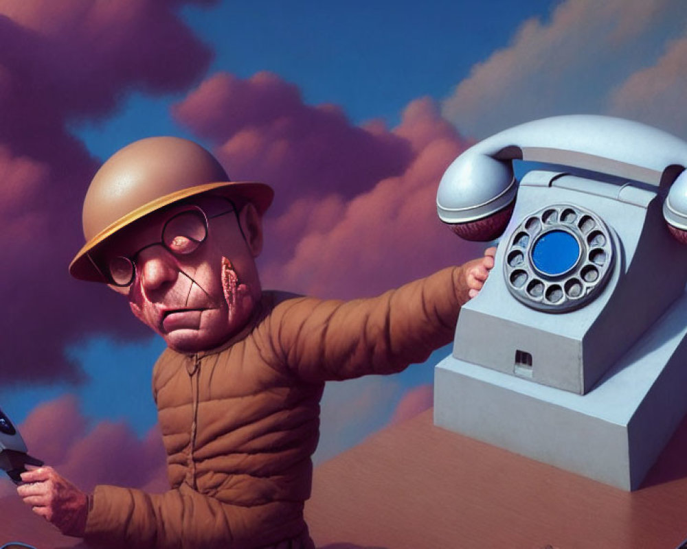 Stylized character in helmet and glasses reaching for retro telephone