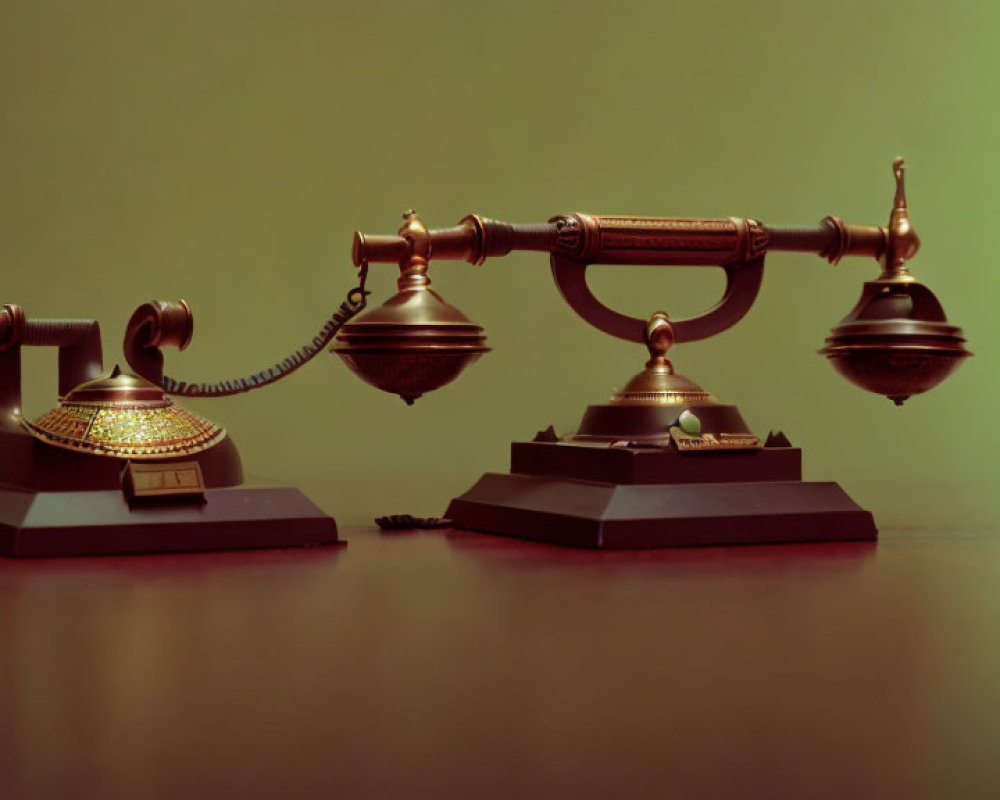 Ornate Vintage Telephone with Golden Accents on Green Background