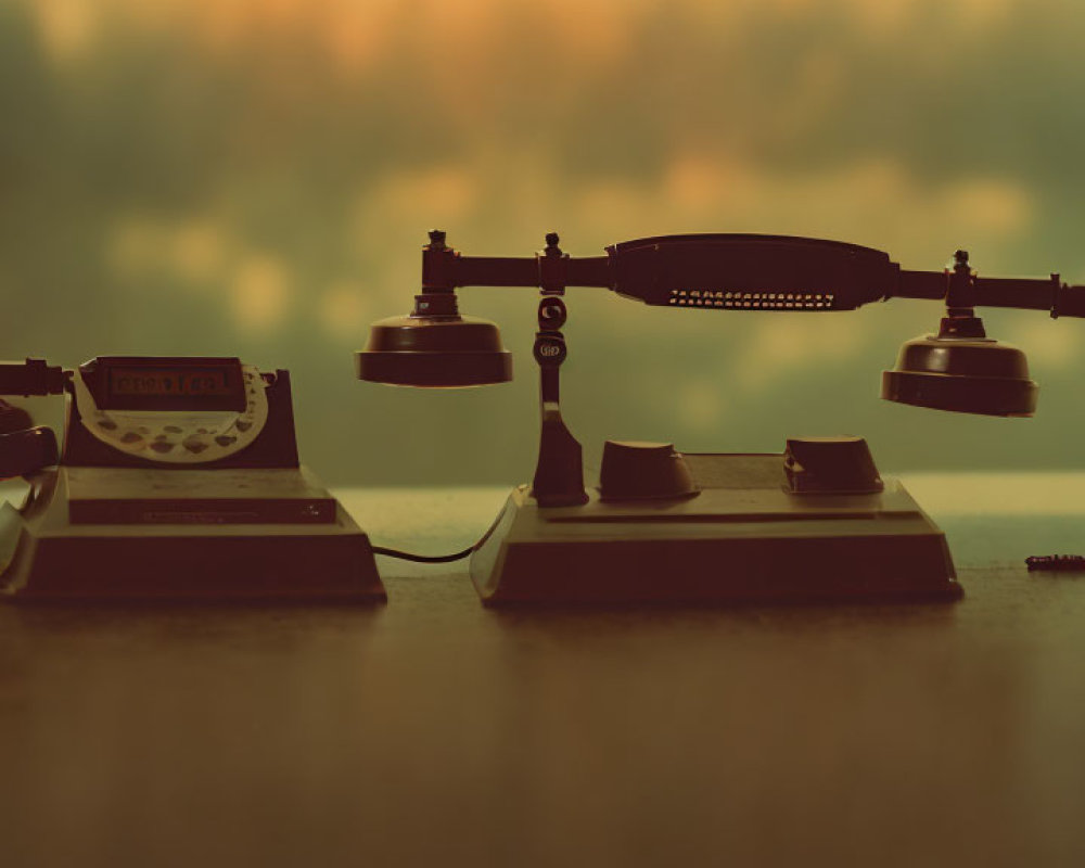 Vintage Telephone and Desk Lamp on Table with Warm Sepia Tones